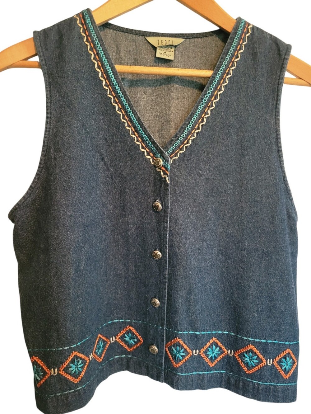 Vintage 90s Teddi Embroidered Denim Vest Medium Southwestern Grannycore Boho